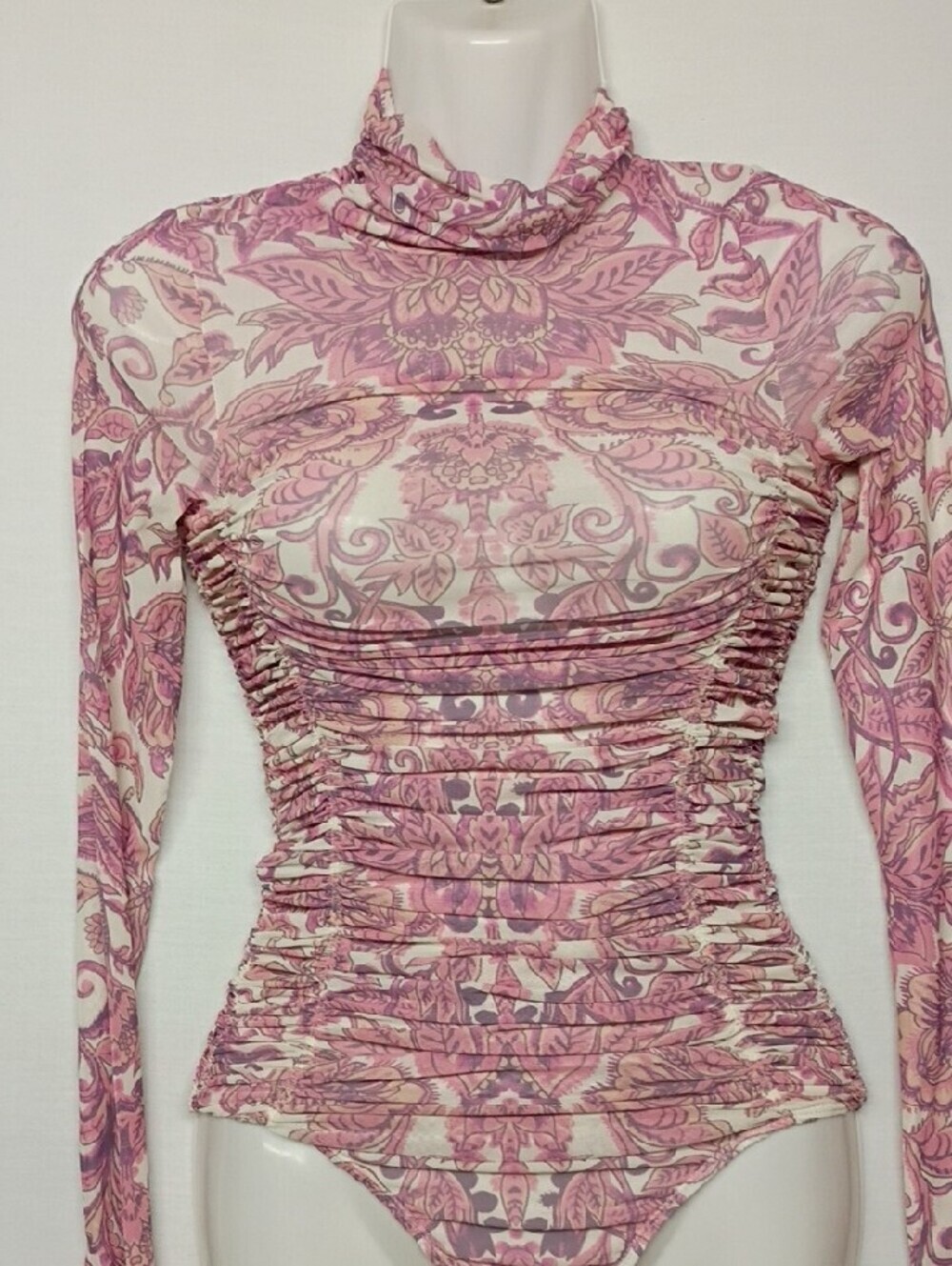 Free People Pink Paisley Ruched SHEER Turtleneck Bodysuit - Picture 5 of 11